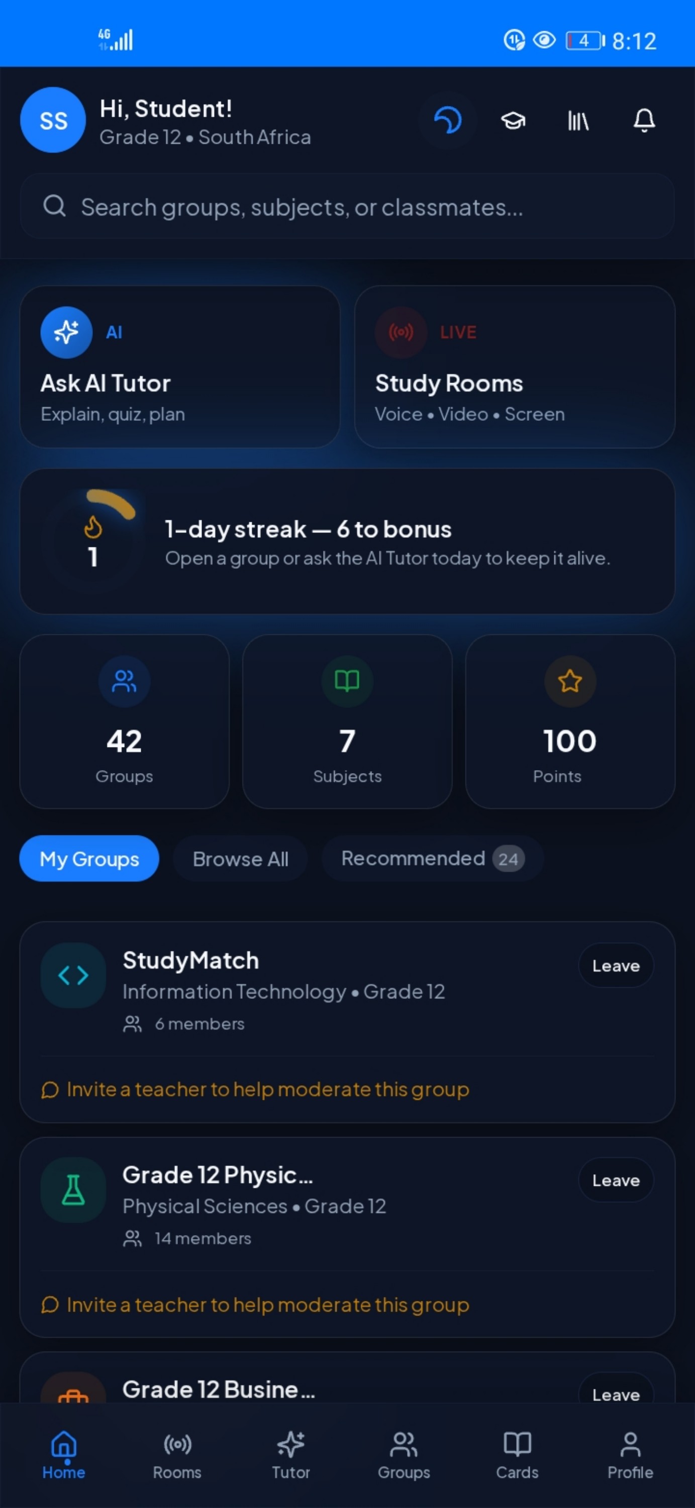 StudyMatch home screen